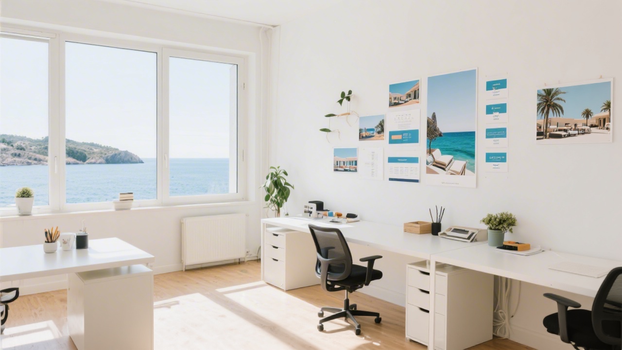 Bright creative studio in Palma with large windows, minimalist desks and mood boards showing hotel website layouts inspired by Mallorca light and sea