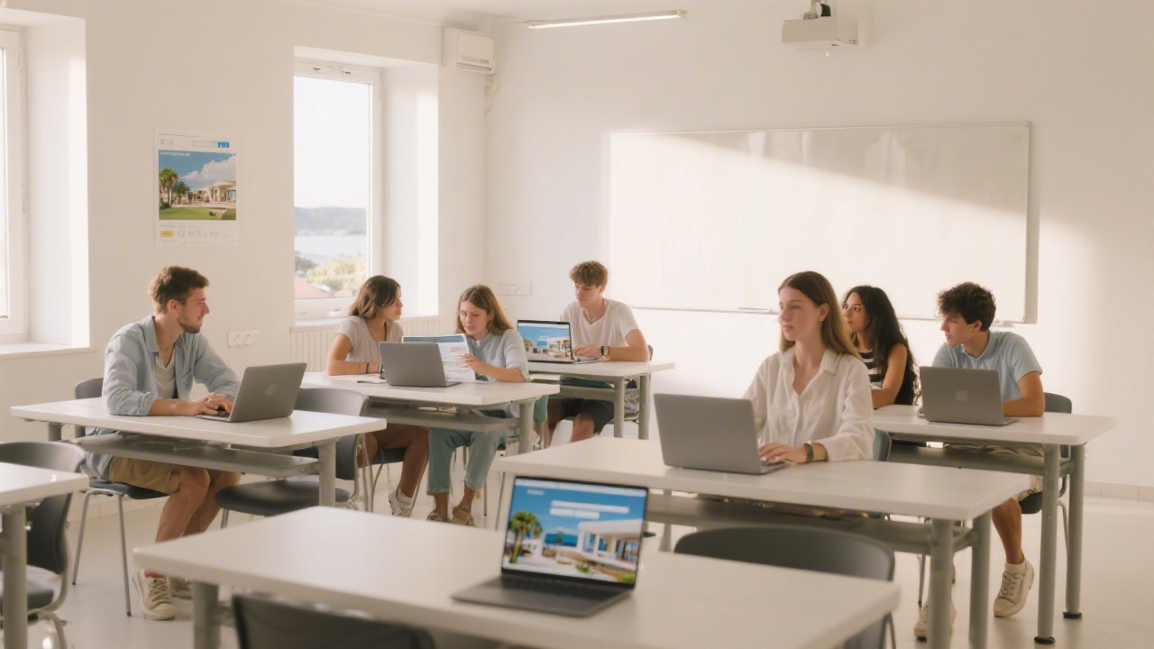 Modern minimal classroom in Mallorca with laptops, white walls, warm daylight and students reviewing web layouts for hotels and villas in a collaborative setting