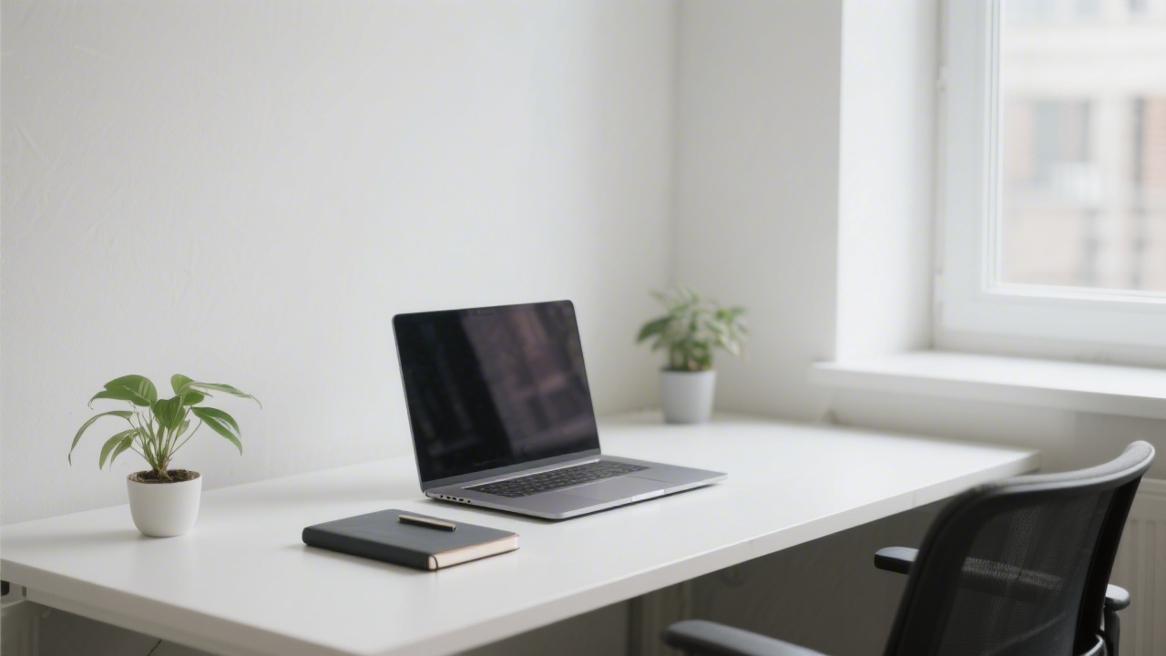 Minimal desk with laptop, notebook and a small plant near a window, representing a calm contact space for the academy office