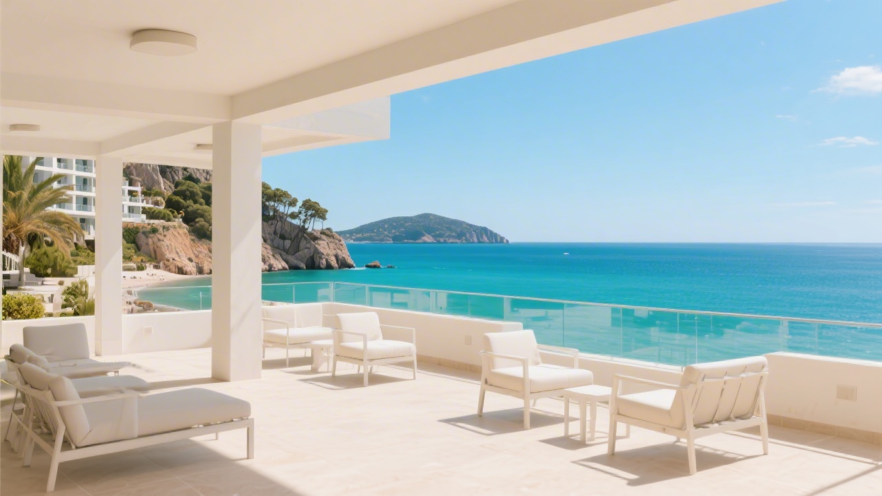 Bright coastal view of Mallorca with a modern hotel terrace, warm sunlight, minimalist furniture and turquoise sea that inspires premium tourism web design aesthetics