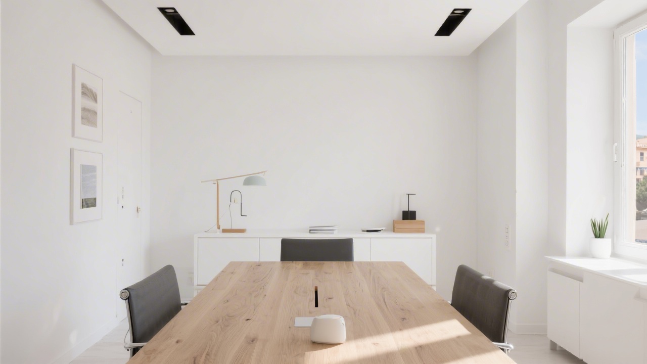 Light-filled office interior in Palma with white walls, wooden table and minimalist decor that conveys a premium Mediterranean aesthetic