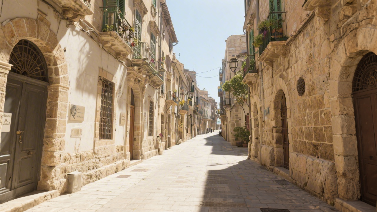 Sunny street in Palma old town with stone buildings, light shadows and a calm Mediterranean atmosphere representing the local context of the academy