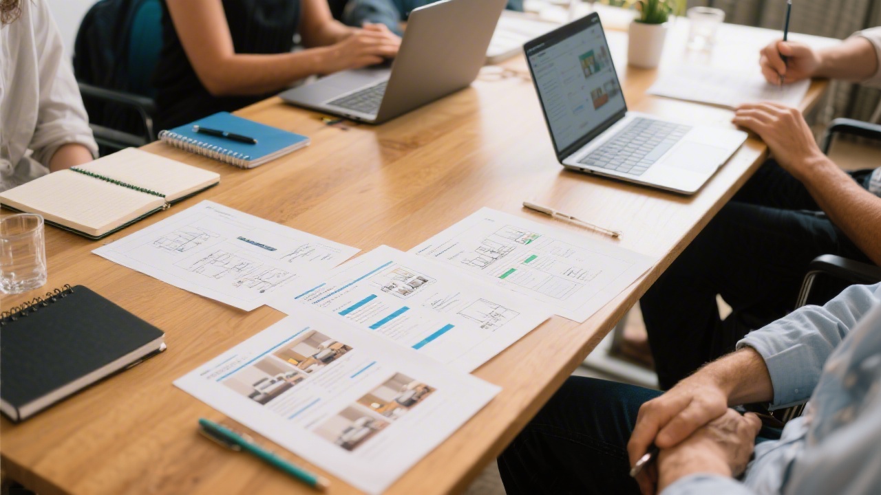 Workshop table with notebooks, laptops and printed wireframes of hotel websites, showing a practical learning environment focused on tourism web design
