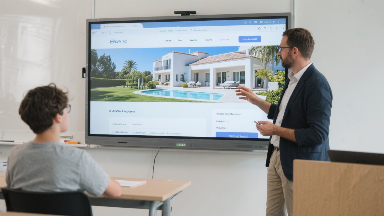 Instructor giving feedback to a student on a large screen showing a villa booking website layout, in a calm and professional classroom setting