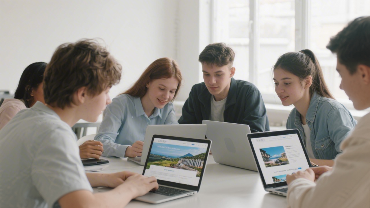 Small group of students collaborating over laptops with tourism website mockups, natural light and calm atmosphere reflecting a premium learning environment